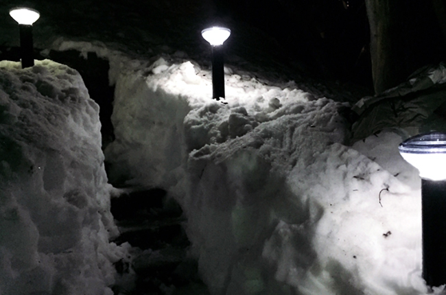 Solar lights covered in snow